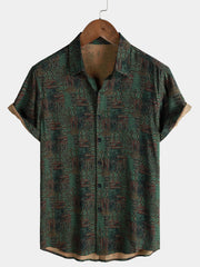 Men's Green Vintage Abstract Geometric Print Casual Short Sleeve Shirt