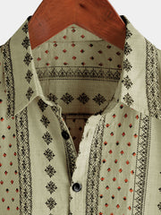 Men's Retro Khaki Striped Print Button Up 70s Vintage Short Sleeve Shirt