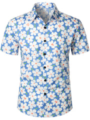 Men's Summer Floral Print Holiday Flower Resort Casual Lapel Light Blue Short Sleeve Shirt