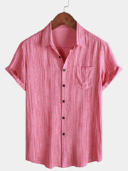 Men's Breathable Short Sleeve Pocket Pink Striped Shirt