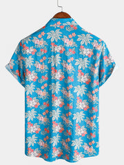 Men's Blue Tropical Floral Print Casual Beach Short Sleeve Shirt