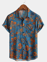 Men's Blue Floral Print Bohemian Resort Short Sleeve Shirt