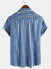 Men's Retro Blue Striped Holiday Short Sleeve Shirt