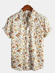 Men's Short Sleeve Rose Print Cotton Shirt