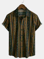 Men's Summer Casual Short Sleeve Cotton Retro Striped Shirt