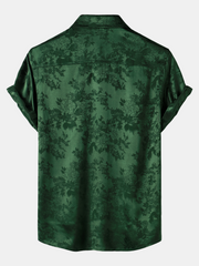 Men's Jacquard Pocket Silky Satin Floral Short Sleeve Shirt