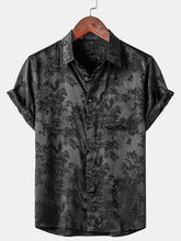 Men's Casual Jacquard Silky Satin Floral Pocket Short Sleeve Shirt