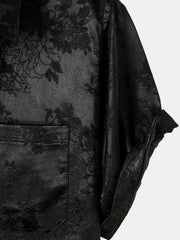 Men's Casual Jacquard Silky Satin Floral Pocket Short Sleeve Shirt