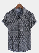 Men's Retro Black Geometric Print Pocket Short Sleeve Shirt