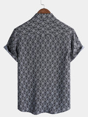Men's Retro Black Geometric Print Pocket Short Sleeve Shirt