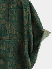 Men's Green Geometric Abstract Print Casual Short Sleeve Shirt
