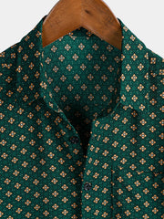 Men's Green Diamond Pattern Bohemian Casual Short Sleeve Shirt