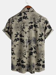Men's Retro Flower Print Floral Button Up Vintage Holiday Short Sleeve Shirt