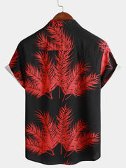 Men's Hawaiian Palm Leaf Print Cotton Linen Button Up Short Sleeve Shirt