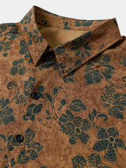 Men's Khaki Floral Print Vintage Summer Button Up Short Sleeve Shirt