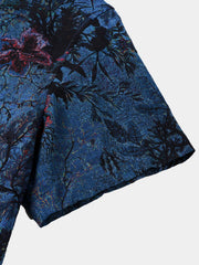 Men's Blue Vintage Floral Print Button Up Short Sleeve Shirt