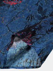 Men's Blue Vintage Floral Print Button Up Short Sleeve Shirt