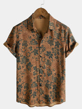 Men's Khaki Floral Print Vintage Summer Button Up Short Sleeve Shirt