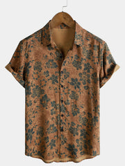 Men's Khaki Floral Print Vintage Summer Button Up Short Sleeve Shirt