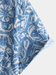 Men's Summer Floral Print Beach Blue Pocket Short Sleeve Shirt