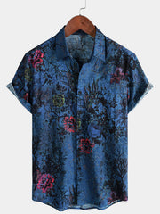 Men's Blue Vintage Floral Print Button Up Short Sleeve Shirt
