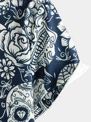 Men's Sugar Skull Floral Print Cool Button Up Funny Short Sleeve Hawaiian Shirt