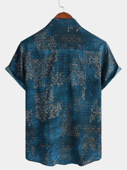Men's Blue Cotton Vintage Short Sleeve Summer Button Up Shirt