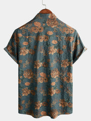 Men's Vintage Floral Retro Button Up Blue Summer Holiday Short Sleeve Shirt