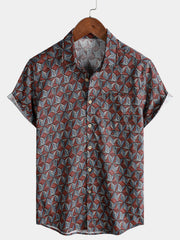 Men’s Geometric Pattern Short Sleeve Button Up Breathable Cool Everyday Casual Shirt