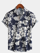 Men's Short Sleeve Cotton Breathable Island Holiday Blossom Pattern Vintage Shirt