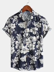Men's Short Sleeve Cotton Breathable Island Holiday Blossom Pattern Vintage Shirt