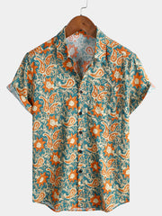 Men's Blue Paisley Floral Print Boho Casual Short Sleeve Shirt