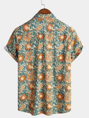 Men's Blue Paisley Floral Print Boho Casual Short Sleeve Shirt