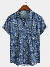 Men's Boho Casual Navy Blue Geometric Floral Print Short Sleeve Shirt