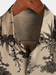 Men's Bamboo Floral VIntage Summer Hawaiian Rayon Holiday Button Up Short Sleeve Shirt