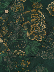 Men’s Vintage Holiday Breathable Dark Green Gold Botanical Cotton Short Sleeve Shirt