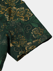 Men’s Vintage Holiday Breathable Dark Green Gold Botanical Cotton Short Sleeve Shirt