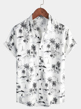 Men's Tropical Pineapple Palm Tree Print Aloha Short Sleeve White Hawaiian Shirt
