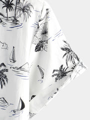 Men's Tropical Pineapple Palm Tree Print Aloha Short Sleeve White Hawaiian Shirt