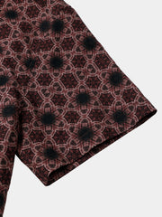 Men’s Summer Beach Vintage Wine Red Geometric Cotton Casual Breathable Short Sleeve Shirt