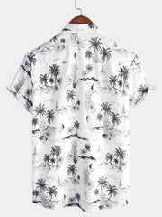 Men's Tropical Pineapple Palm Tree Print Aloha Short Sleeve White Hawaiian Shirt
