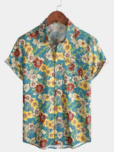 Men’s Summer Beach Vintage Light Blue Blossom Cotton Casual Breathable Short Sleeve Shirt