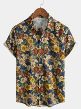 Men’s Summer Beach Vintage Navy Blossom Cotton Casual Breathable Short Sleeve Shirt