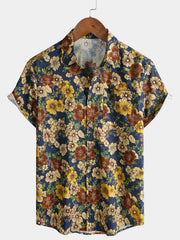 Men’s Summer Beach Vintage Navy Blossom Cotton Casual Breathable Short Sleeve Shirt