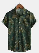 Men’s Vintage Holiday Breathable Dark Green Gold Botanical Cotton Short Sleeve Shirt