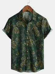 Men’s Vintage Holiday Breathable Dark Green Gold Botanical Cotton Short Sleeve Shirt