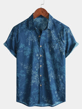 Men's Blue Floral Print Holiday Cotton Summer Short Sleeve Shirt