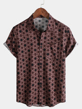 Men’s Summer Beach Vintage Wine Red Geometric Cotton Casual Breathable Short Sleeve Shirt