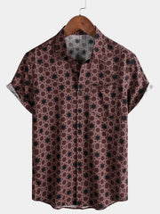 Men’s Summer Beach Vintage Wine Red Geometric Cotton Casual Breathable Short Sleeve Shirt