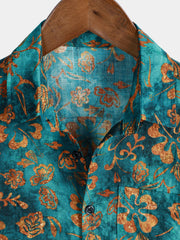 Men's Floral Print Pocket Hawaiian Short Sleeve Shirt